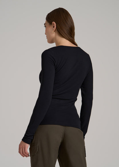 Long Sleeve Ribbed Square Neck Top for Tall Women in Black