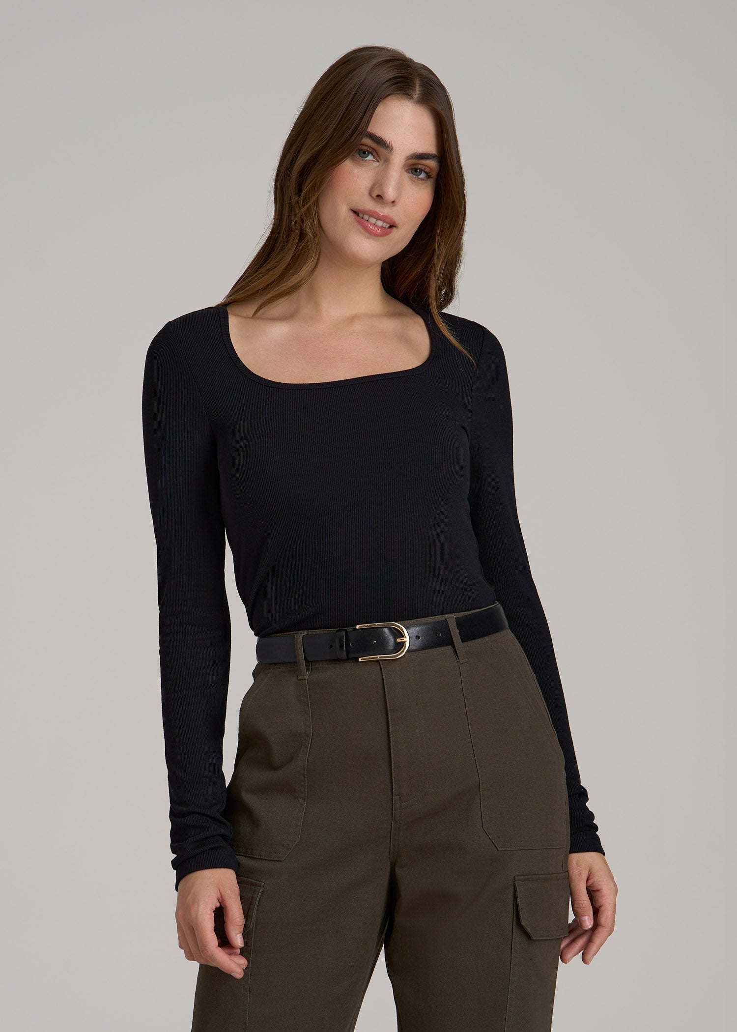 Long Sleeve Ribbed Square Neck Top for Tall Women in Black