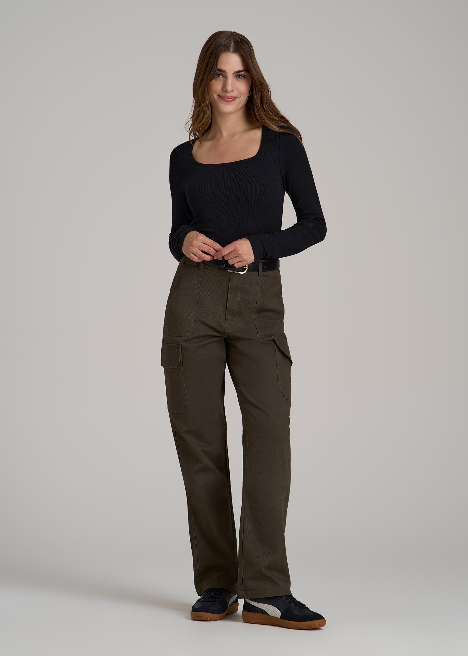 Long Sleeve Ribbed Square Neck Top for Tall Women in Black