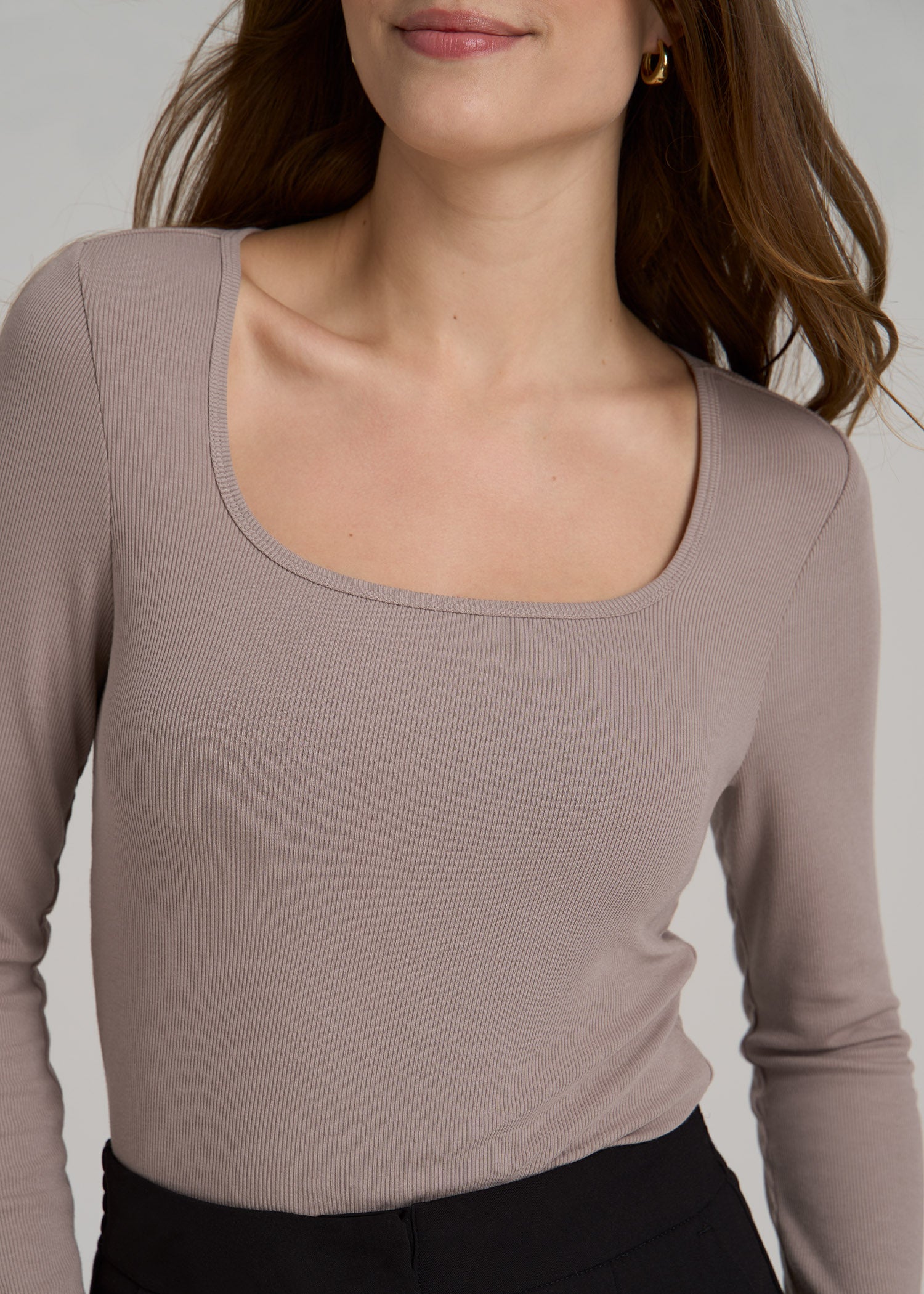 Long Sleeve Ribbed Square Neck Top for Tall Women in Truly Taupe