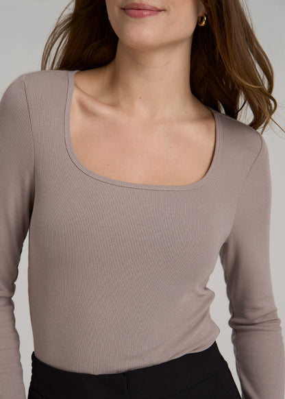 Long Sleeve Ribbed Square Neck Top for Tall Women in Truly Taupe