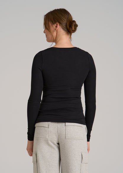 Fitted Ribbed Long Sleeve Henley for Tall Women in Black