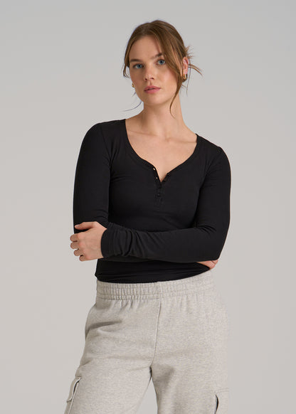 Fitted Ribbed Long Sleeve Henley for Tall Women in Black
