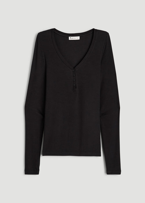 Fitted Ribbed Long Sleeve Henley for Tall Women in Black