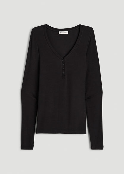 Fitted Ribbed Long Sleeve Henley for Tall Women in Black