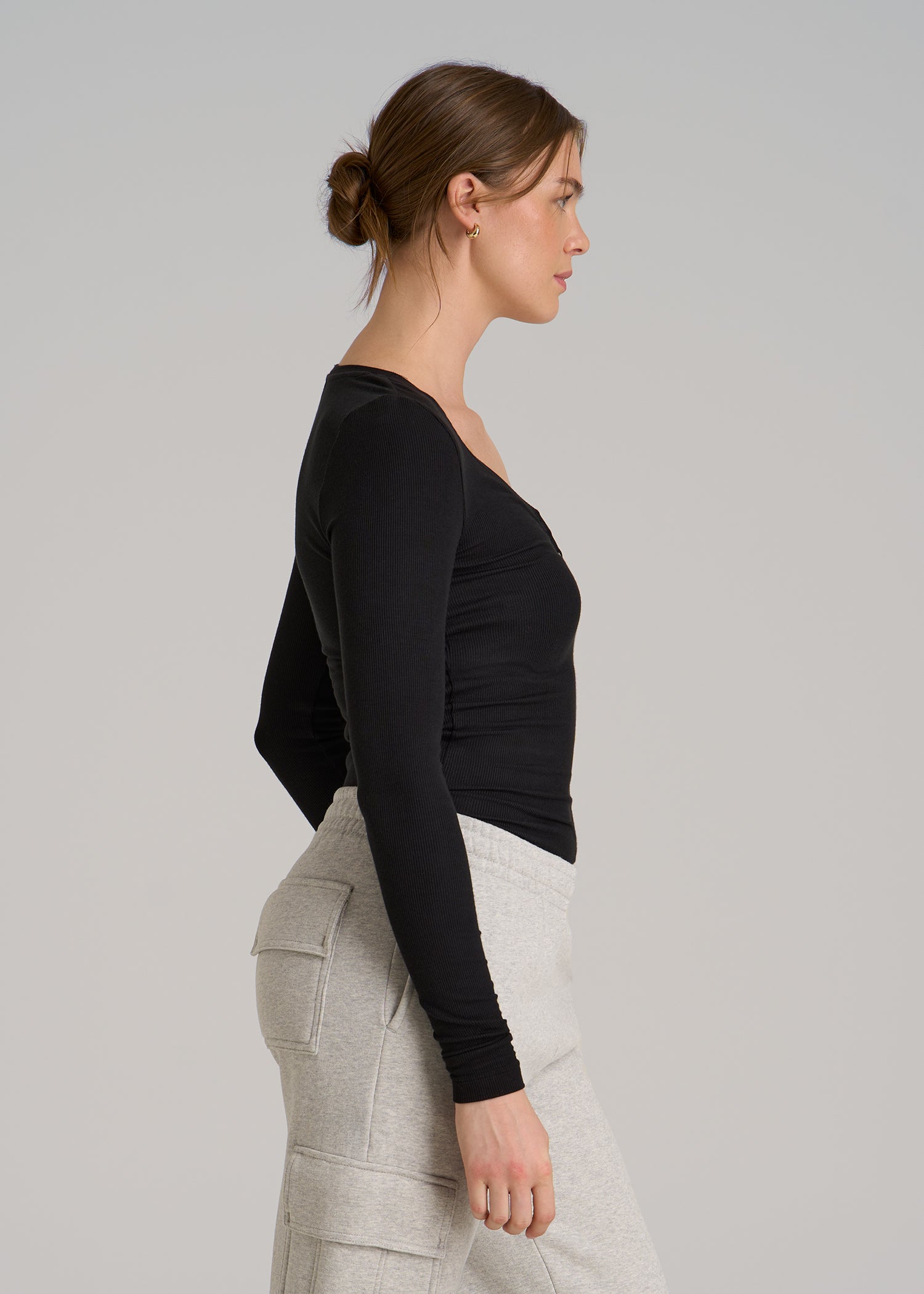 Fitted Ribbed Long Sleeve Henley for Tall Women in Black