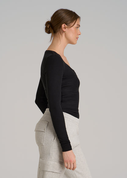 Fitted Ribbed Long Sleeve Henley for Tall Women in Black