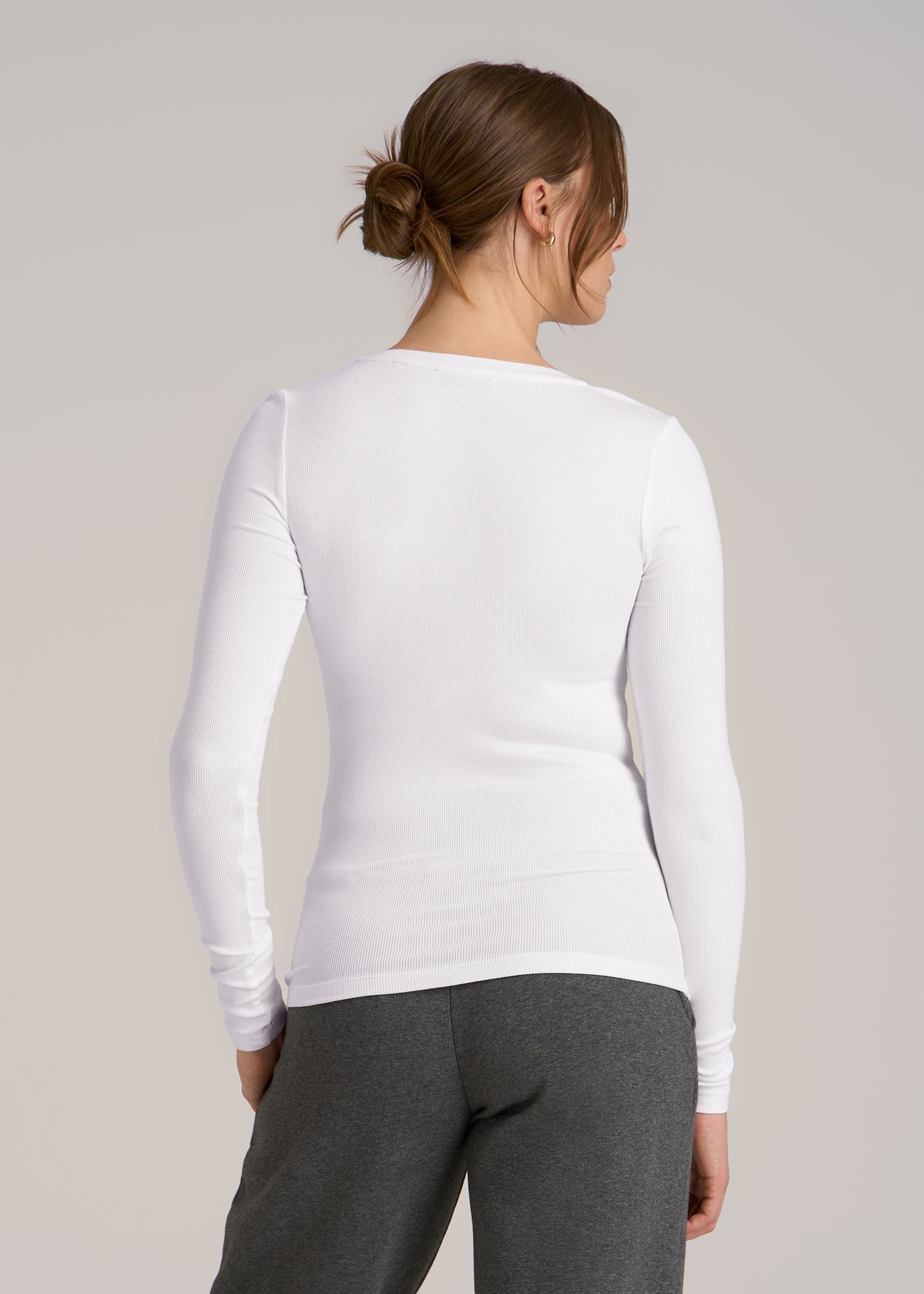 Fitted Ribbed Long Sleeve Henley for Tall Women in White