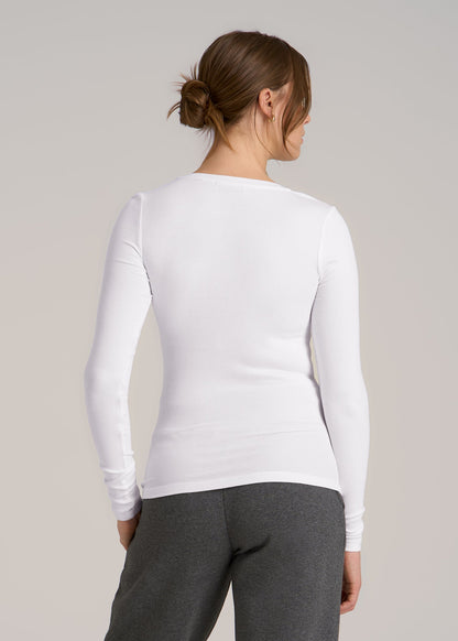 Fitted Ribbed Long Sleeve Henley for Tall Women in White