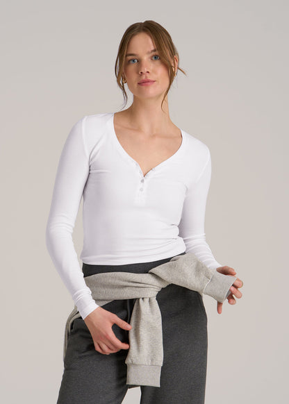 Fitted Ribbed Long Sleeve Henley for Tall Women in White