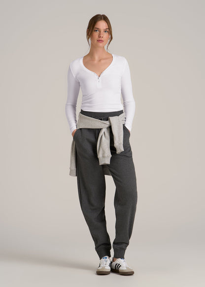 Fitted Ribbed Long Sleeve Henley for Tall Women in White