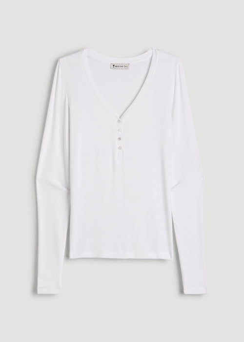 Fitted Ribbed Long Sleeve Henley for Tall Women in White