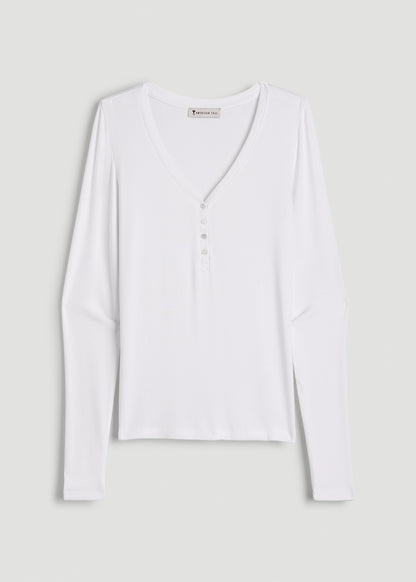 Fitted Ribbed Long Sleeve Henley for Tall Women in White