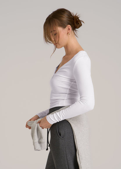 Fitted Ribbed Long Sleeve Henley for Tall Women in White
