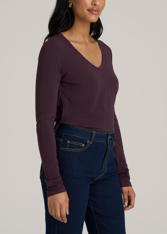 Long Sleeve Scoop V-Neck Tee Shirt for Tall Women in Deep Purple