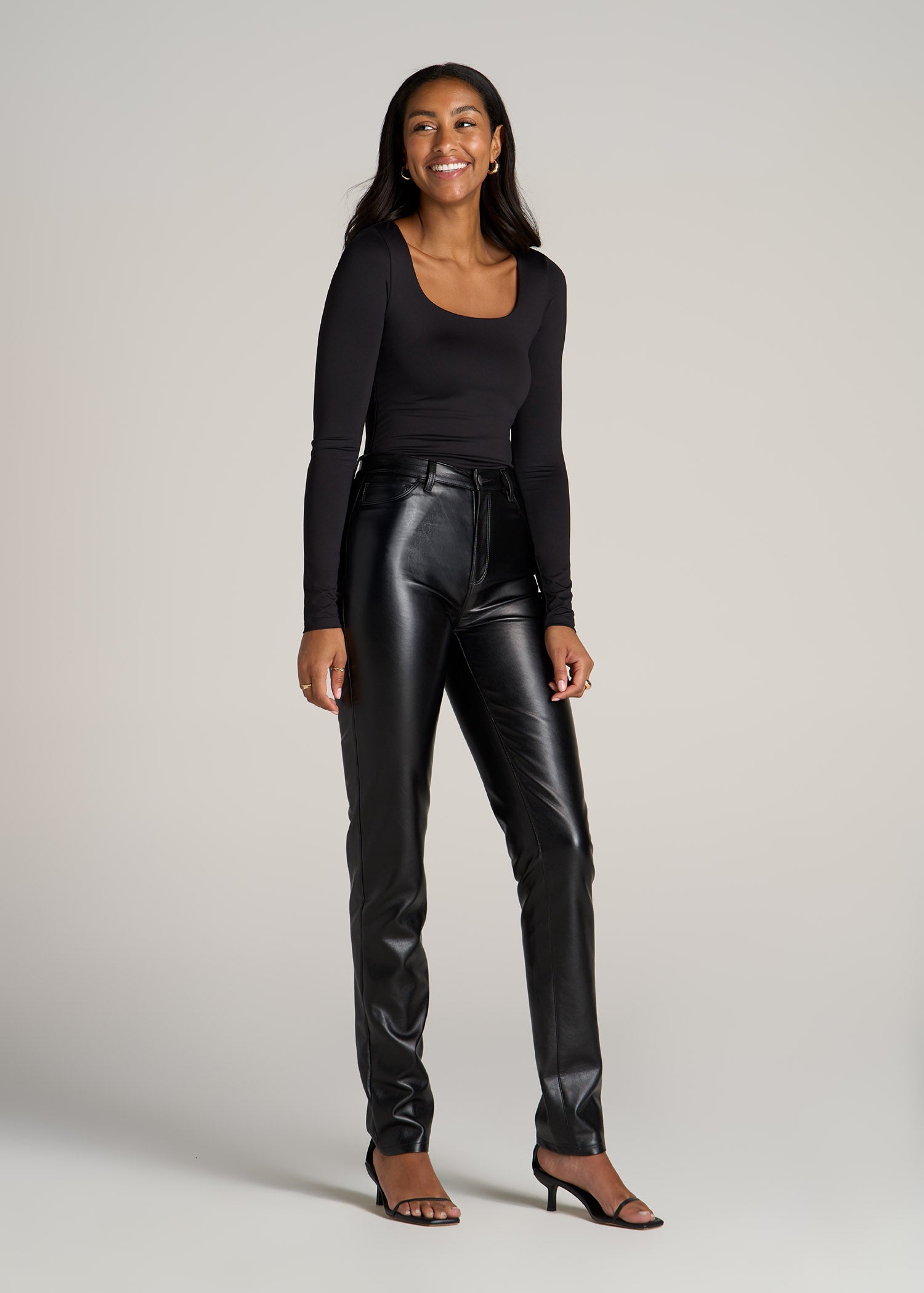 Long Sleeve Square Neck Bodysuit for Tall Women in Black