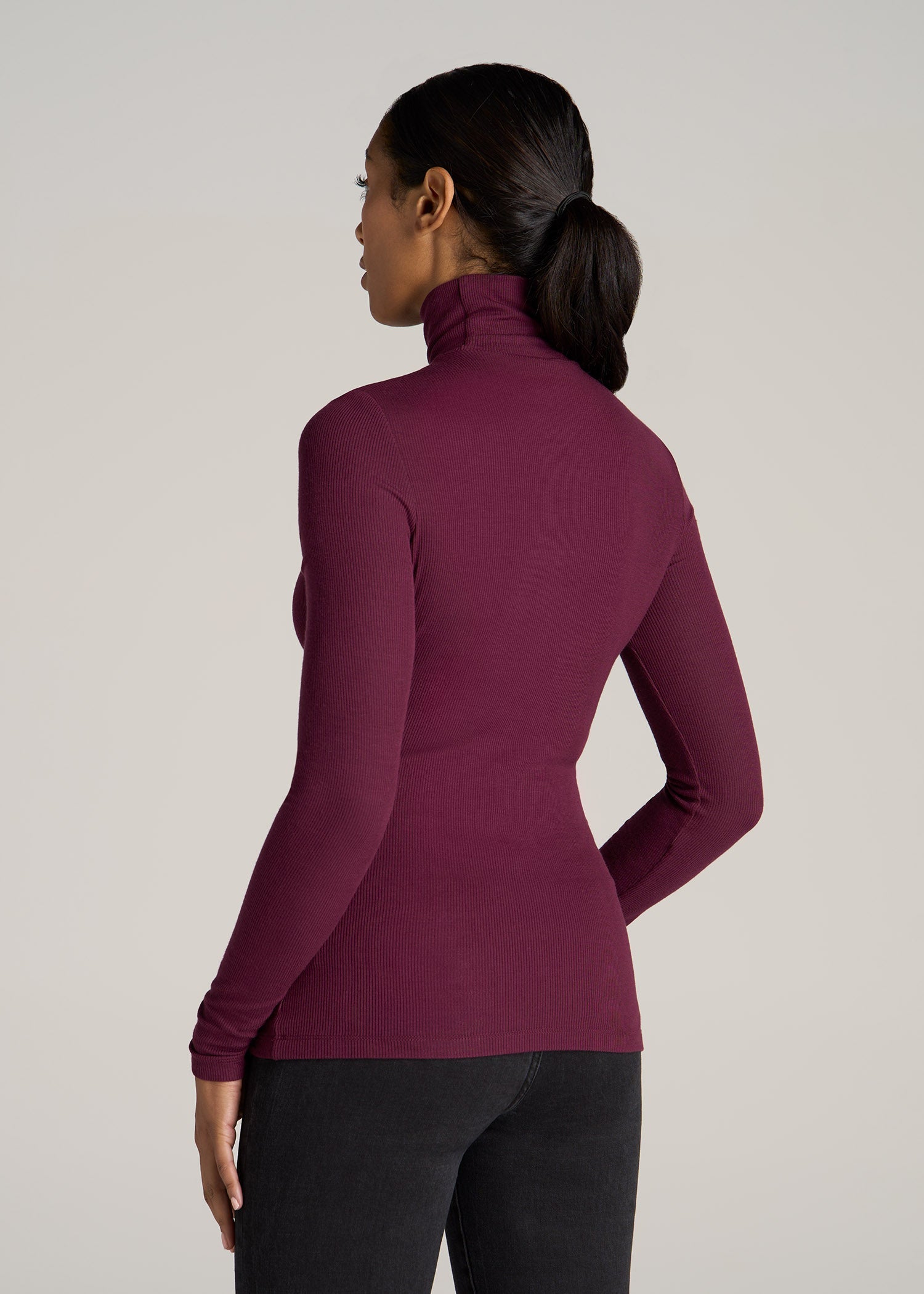 Fitted Long Sleeve Ribbed Turtleneck Tee for Tall Women in Elderberry