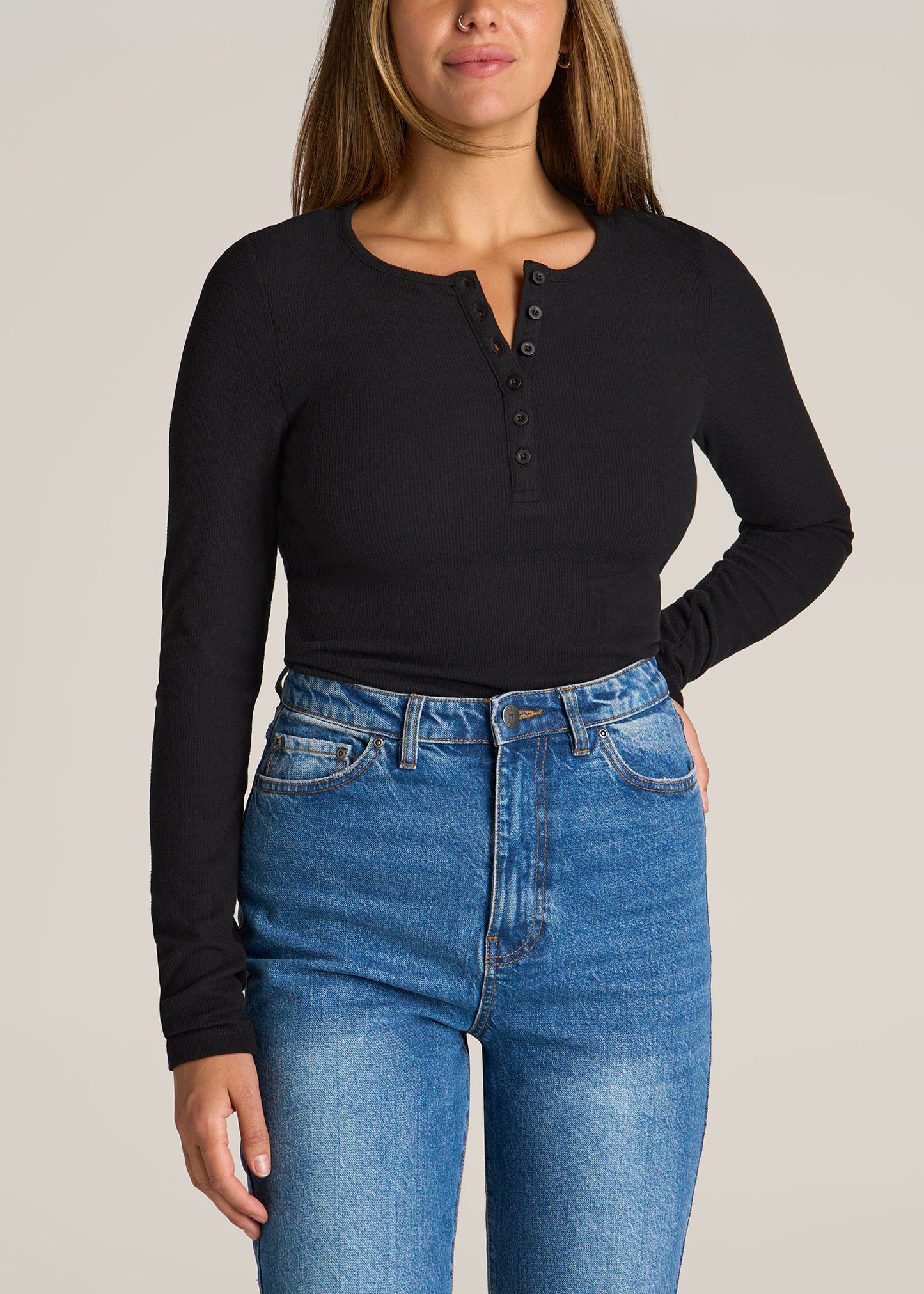 American-Tall-Women-Long-sleeve-Ribbed-Crewneck-Henley-Black-front