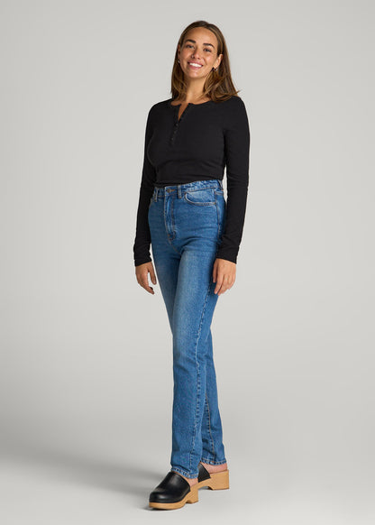 Long Sleeve Ribbed Crewneck Henley Shirt for Tall Women in Black