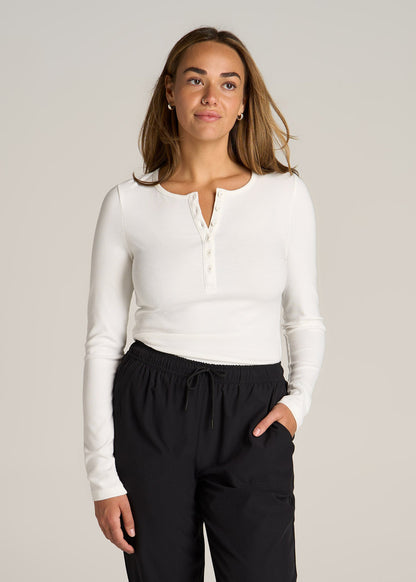 Long Sleeve Ribbed Crewneck Henley Shirt for Tall Women in Cream