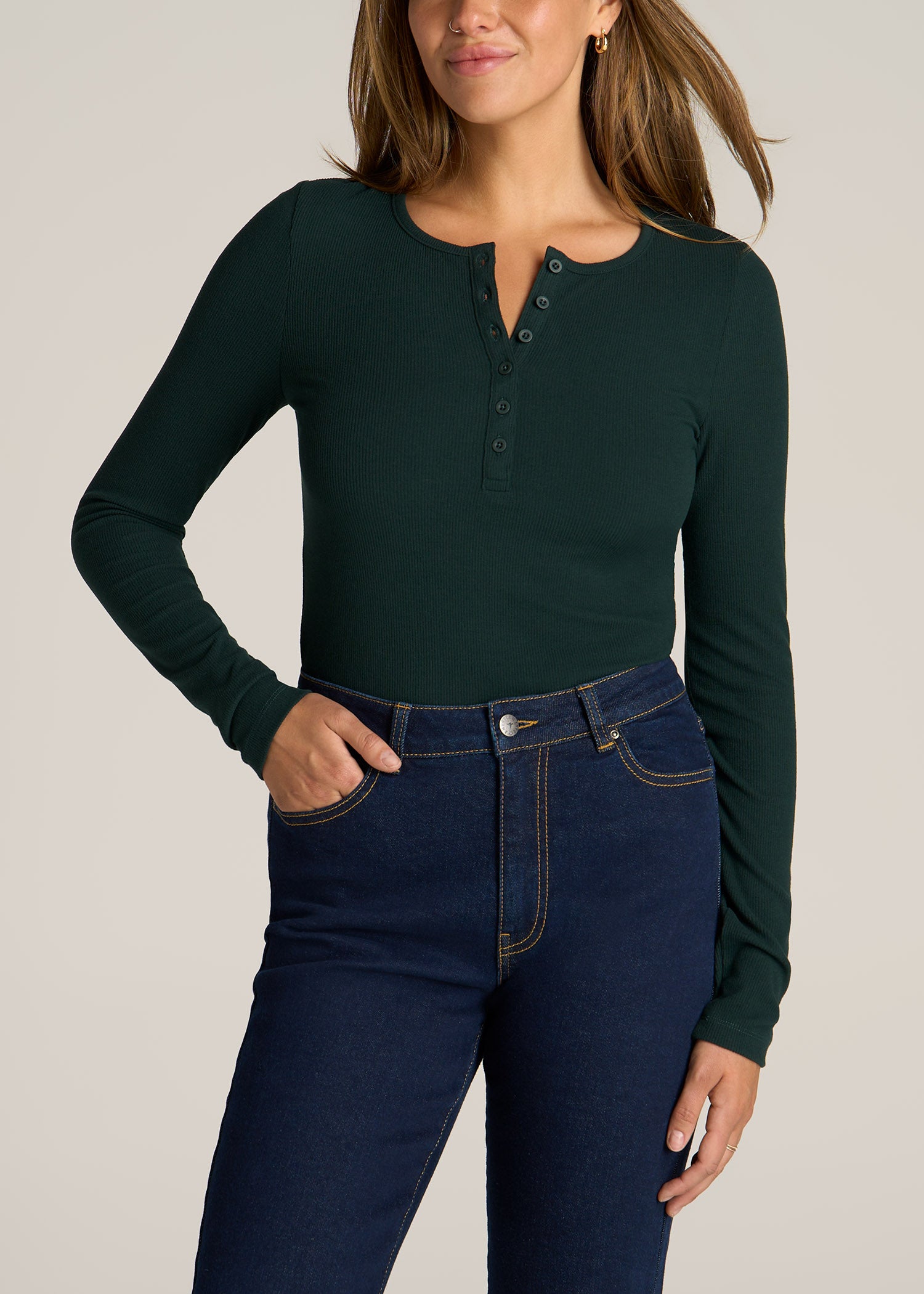 American-Tall-Women-Long-sleeve-Ribbed-Crewneck-Henley-Emerald-front
