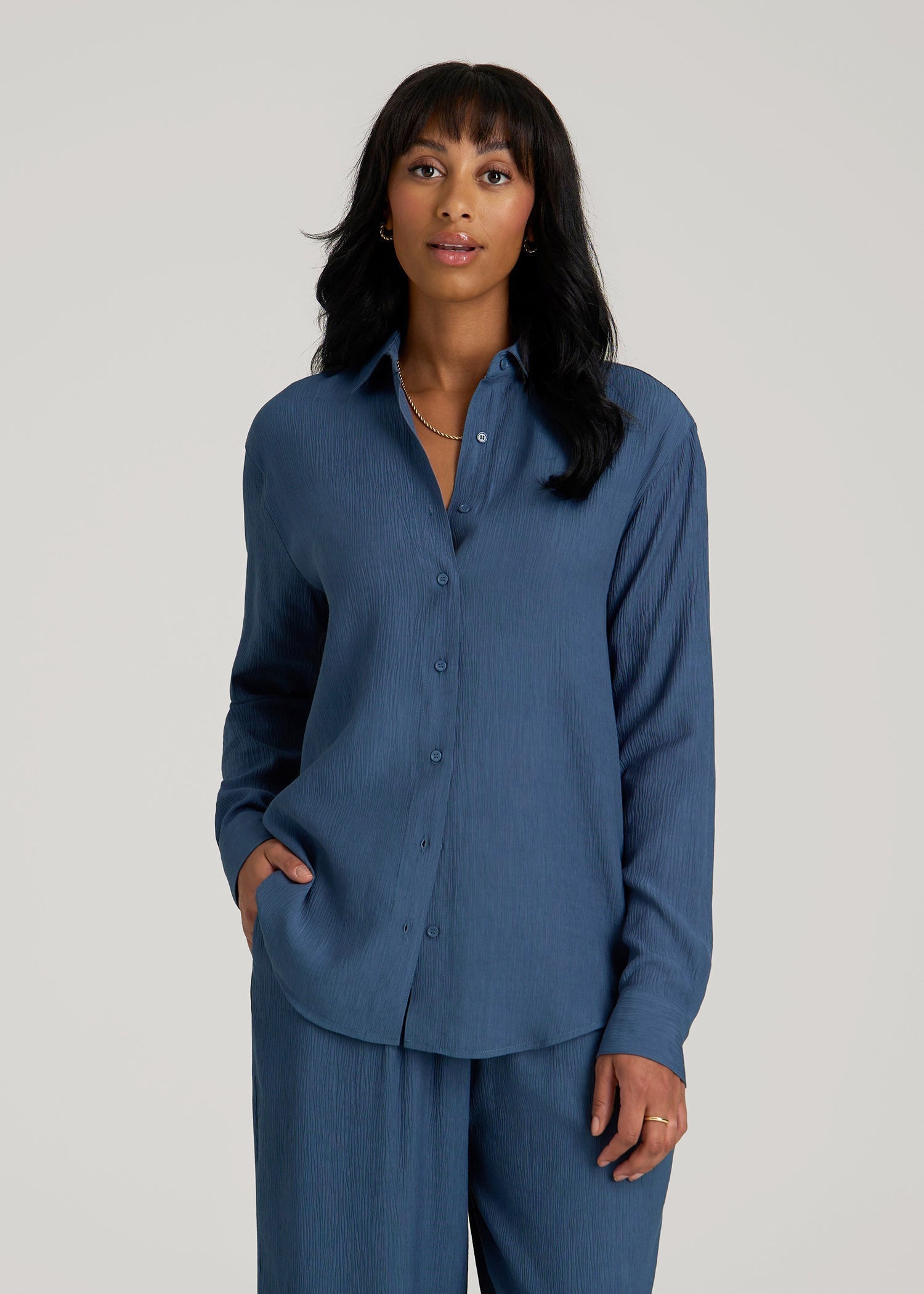 Long Sleeve Crinkle Blouse for Tall Women in Flag Blue – American Tall
