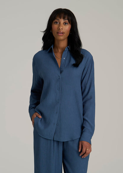 Long Sleeve Crinkle Blouse for Tall Women in Flag Blue