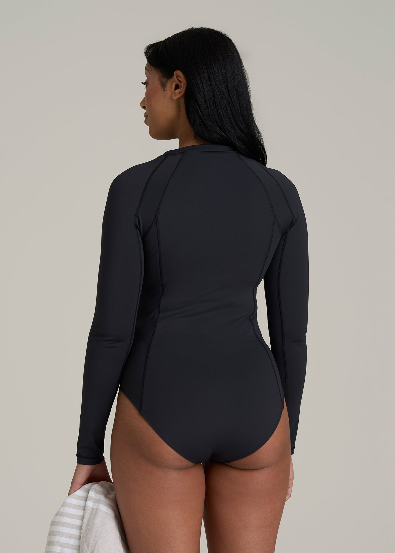 Long Sleeve UPF 50 One Piece Swimsuit for Tall Women in Black