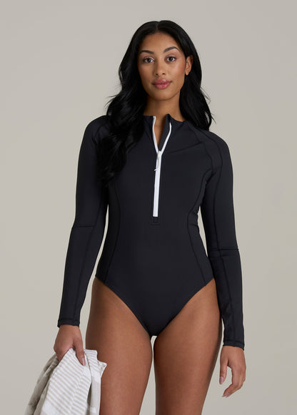 Long Sleeve UPF 50 One Piece Swimsuit for Tall Women in Black