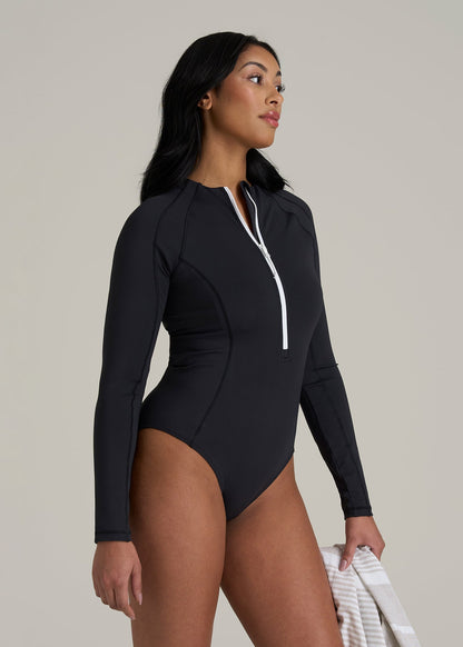 Long Sleeve UPF 50 One Piece Swimsuit for Tall Women in Black