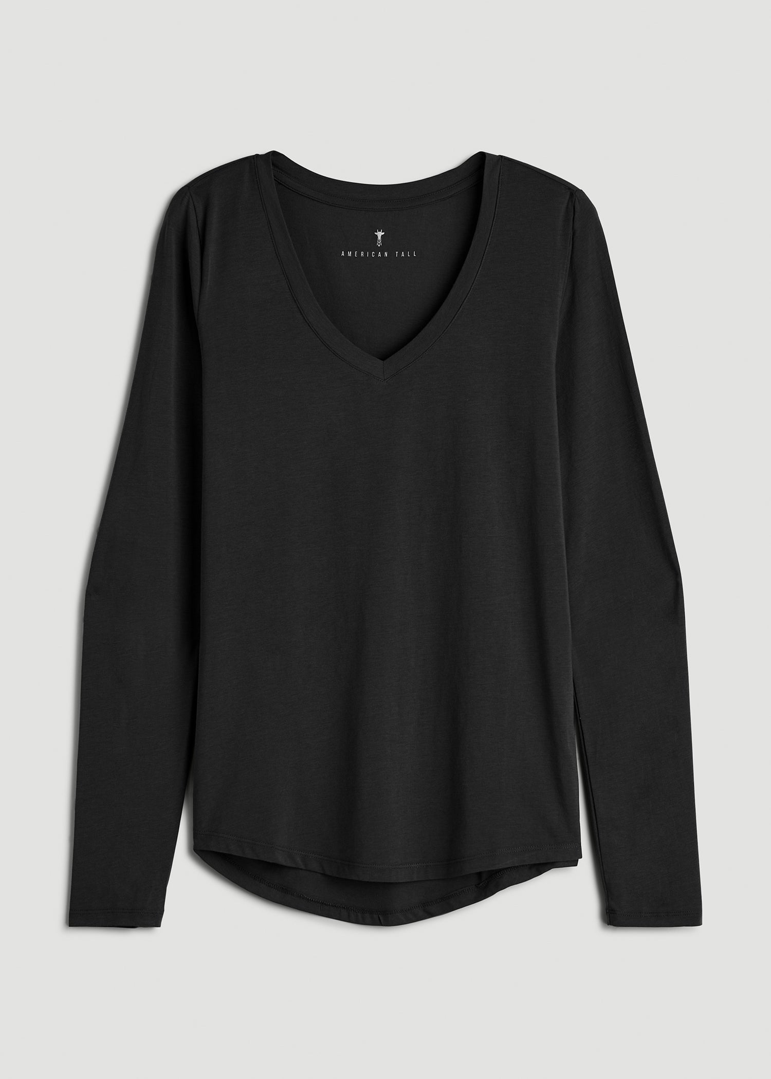 Long Sleeve Scoop V-Neck Tee Shirt for Tall Women in Black