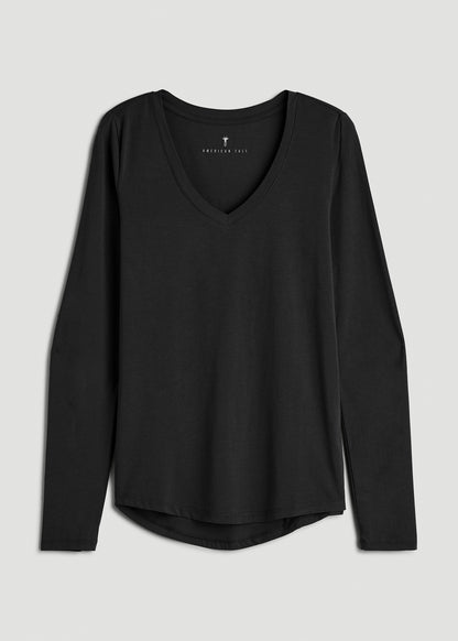 Long Sleeve Scoop V-Neck Tee Shirt for Tall Women in Black