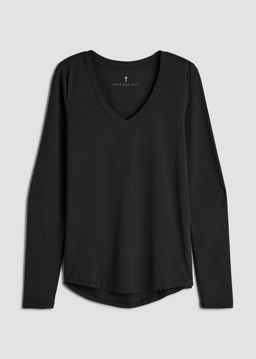 Long Sleeve Scoop V-Neck Tee Shirt for Tall Women in Black