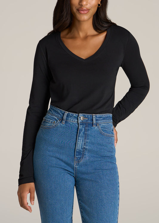 American-Tall-Women-Long-sleeve-scoop-v-neck-tee-Black-front