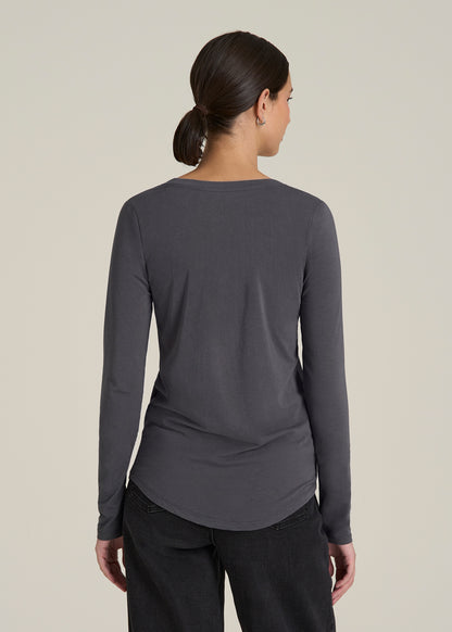 Long Sleeve Scoop V-Neck Tee Shirt for Tall Women in Charcoal