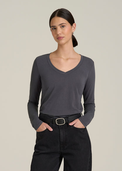Long Sleeve Scoop V-Neck Tee Shirt for Tall Women in Charcoal