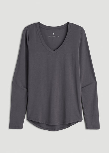 Long Sleeve Scoop V-Neck Tee Shirt for Tall Women in Charcoal