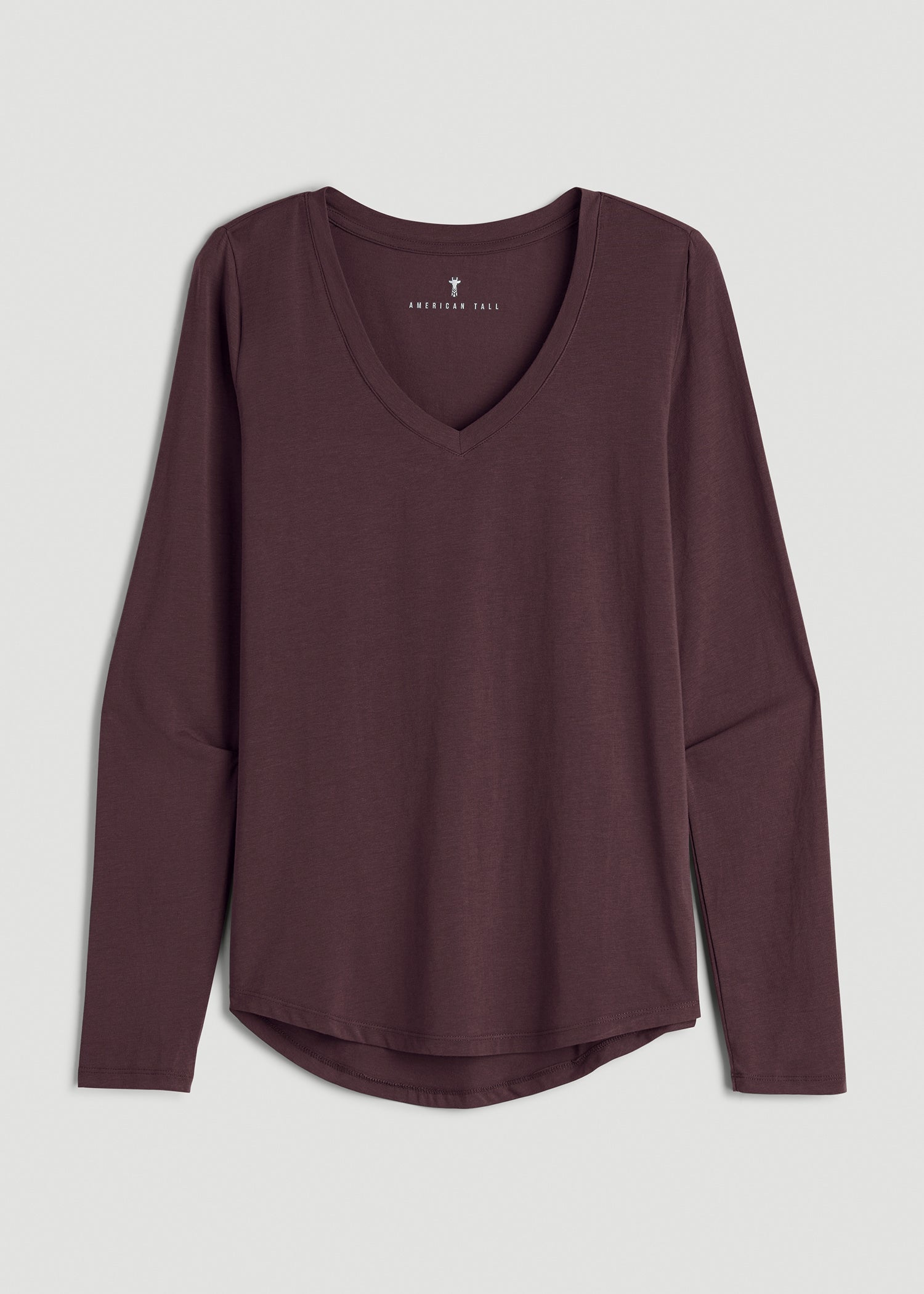 Long Sleeve Scoop V-Neck Tee Shirt for Tall Women in Merlot