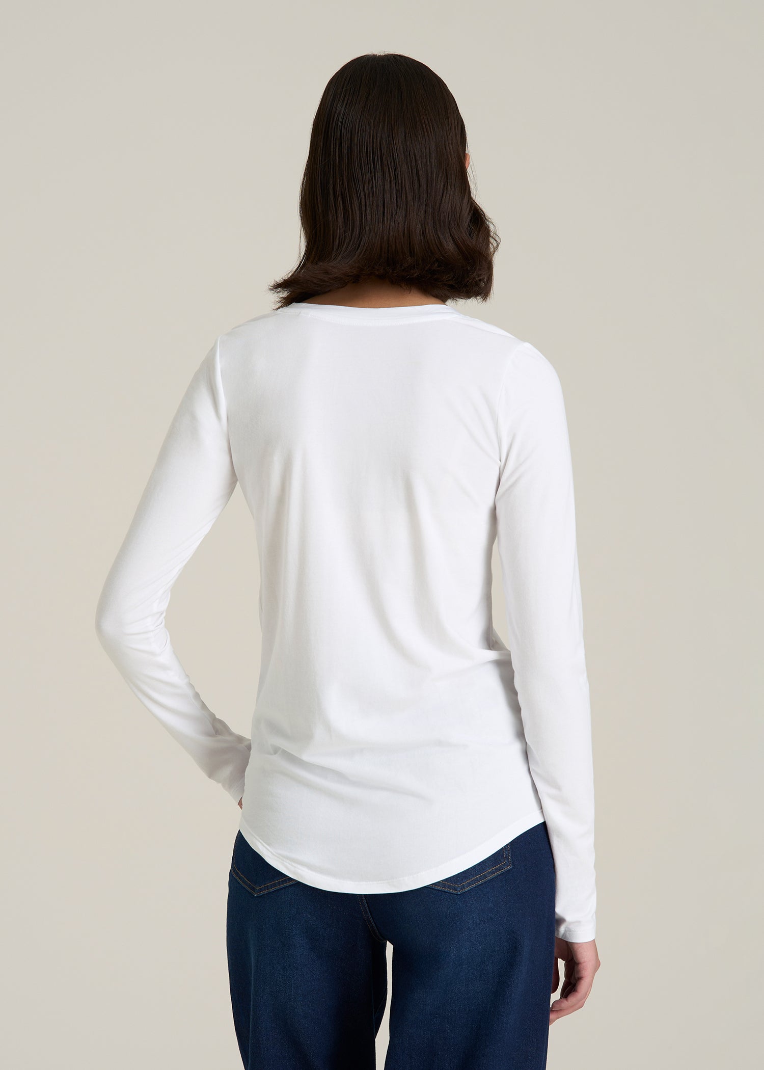 Long Sleeve Scoop V-Neck Tee Shirt for Tall Women in White
