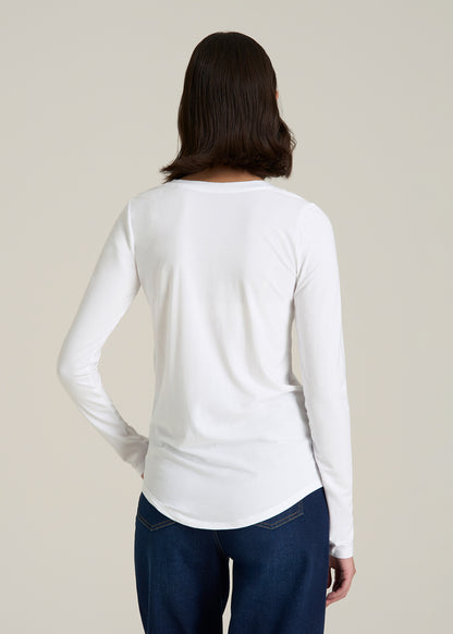 Long Sleeve Scoop V-Neck Tee Shirt for Tall Women in White