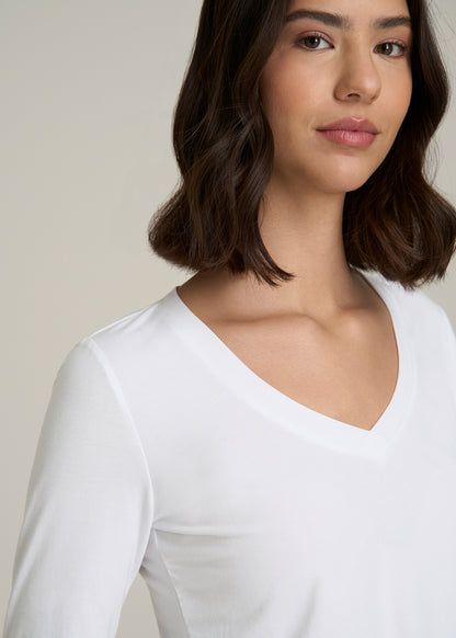 Long Sleeve Scoop V-Neck Tee Shirt for Tall Women in White