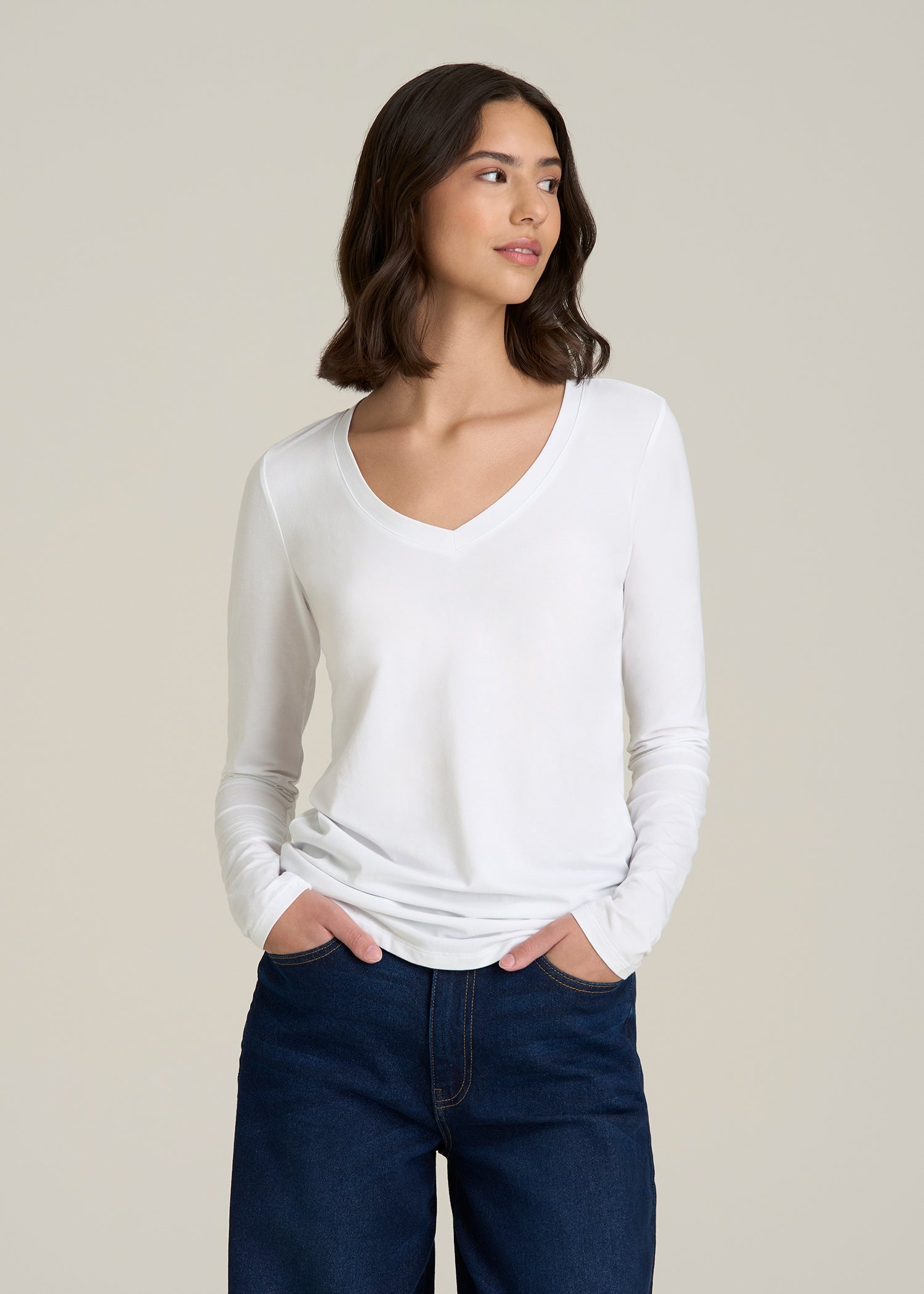 Long Sleeve Scoop V-Neck Tee Shirt for Tall Women in White