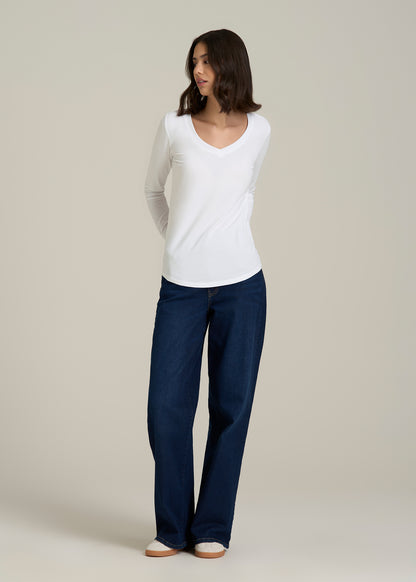 Long Sleeve Scoop V-Neck Tee Shirt for Tall Women in White