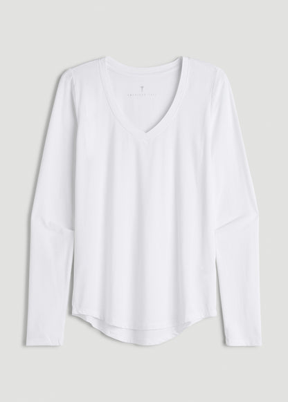 Long Sleeve Scoop V-Neck Tee Shirt for Tall Women in White
