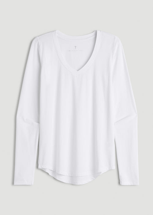 Long Sleeve Scoop V-Neck Tee Shirt for Tall Women in White