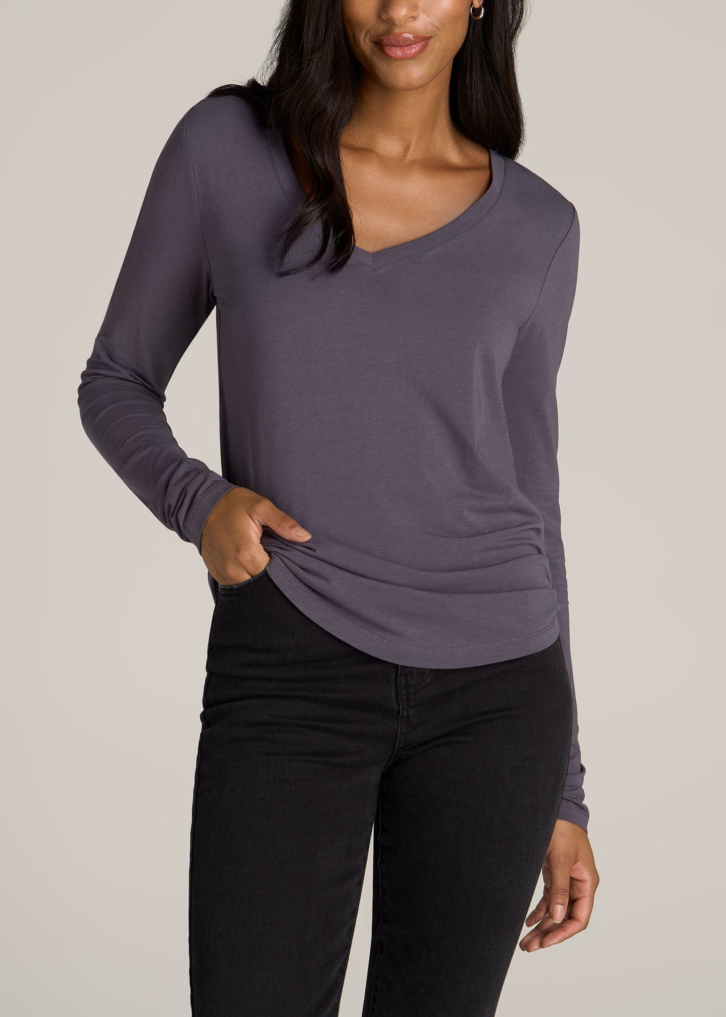 American-Tall-Women-Long-sleeve-scoop-v-neck-tee-charcoal-front