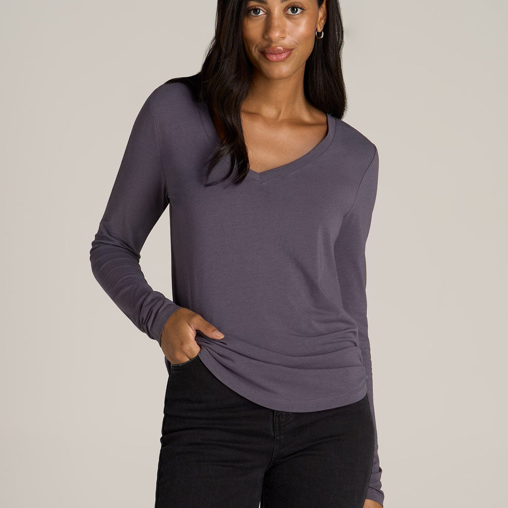 Long Sleeve Scoop V-Neck Tee Shirt for Tall Women American Tall