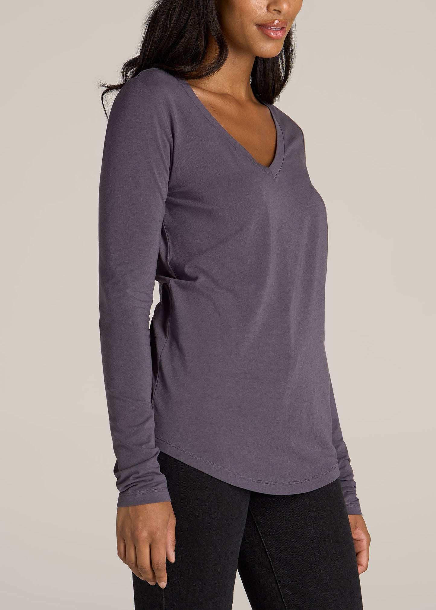 American-Tall-Women-Long-sleeve-scoop-v-neck-tee-charcoal-side