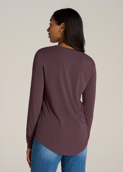 Long Sleeve Scoop V-Neck Tee Shirt for Tall Women in Merlot