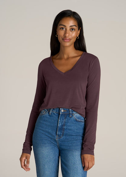 Long Sleeve Scoop V-Neck Tee Shirt for Tall Women in Merlot